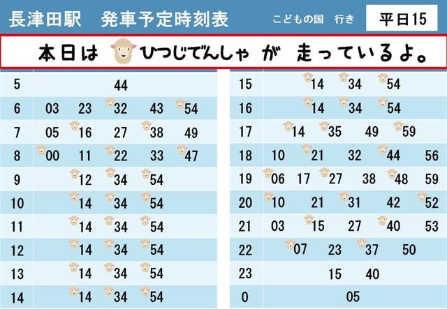 【うし・ひつじでんしゃ】長津田駅発車時刻表【2022平日１５】