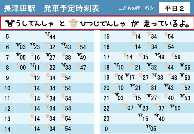 【うし・ひつじでんしゃ】長津田駅発車時刻表【2022平日２】