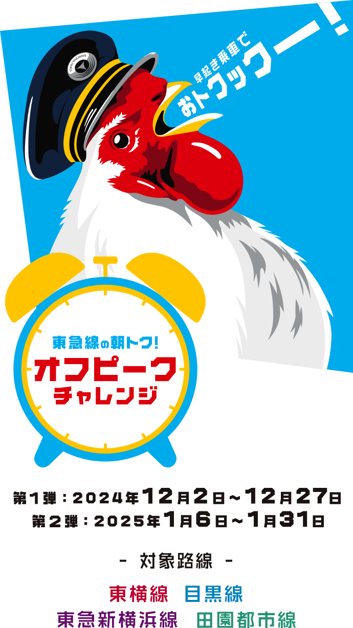 東急線の朝トク！オフピークチャレンジ 第1弾：2024年12月2日〜12月27日 第2弾：2025年1月6日〜1月31日 対象路線 東横線・目黒線・東急新横浜線・田園都市線